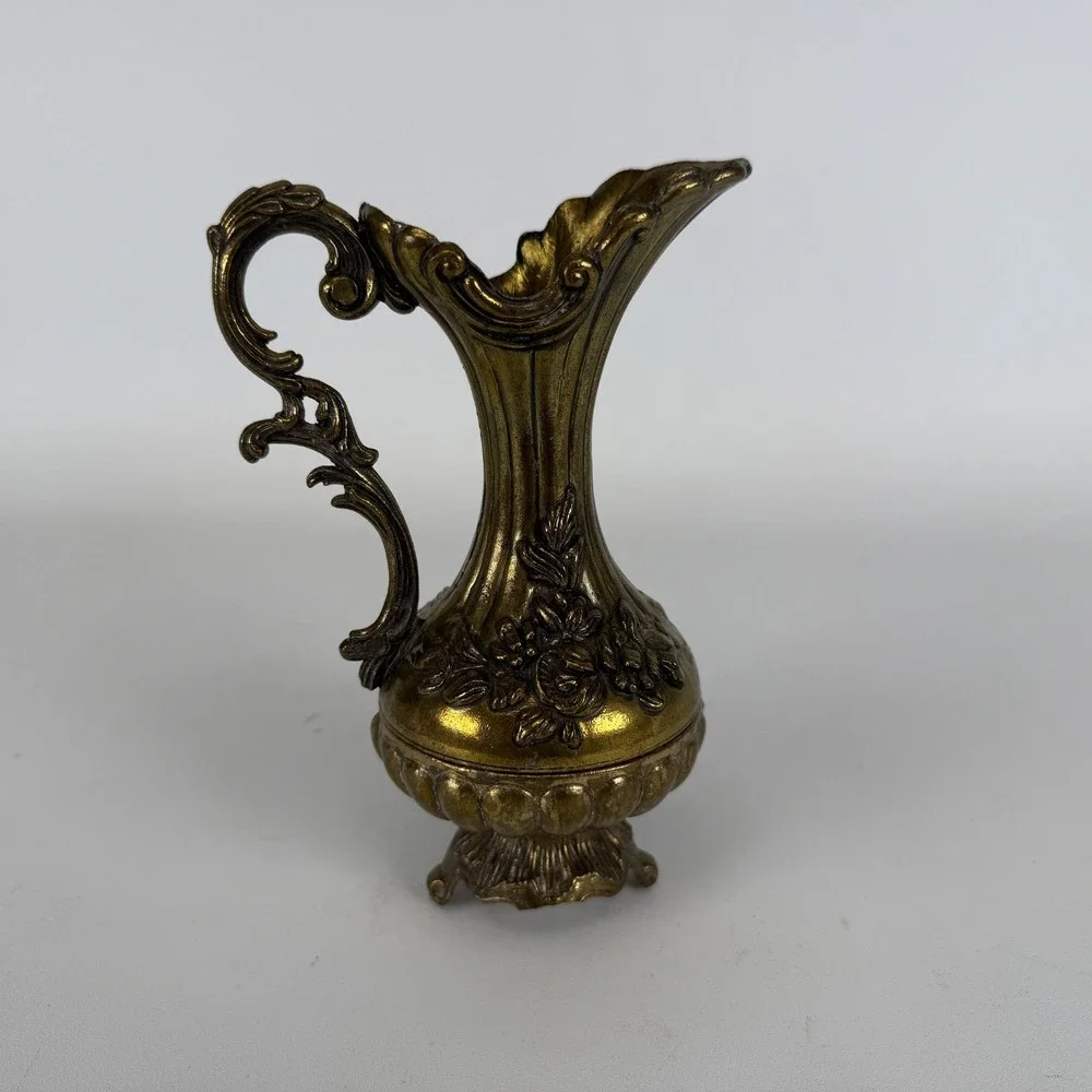 Vintage Italian Brass Floral Vase Pitcher Made In Italy Ornate Patina Metal READ